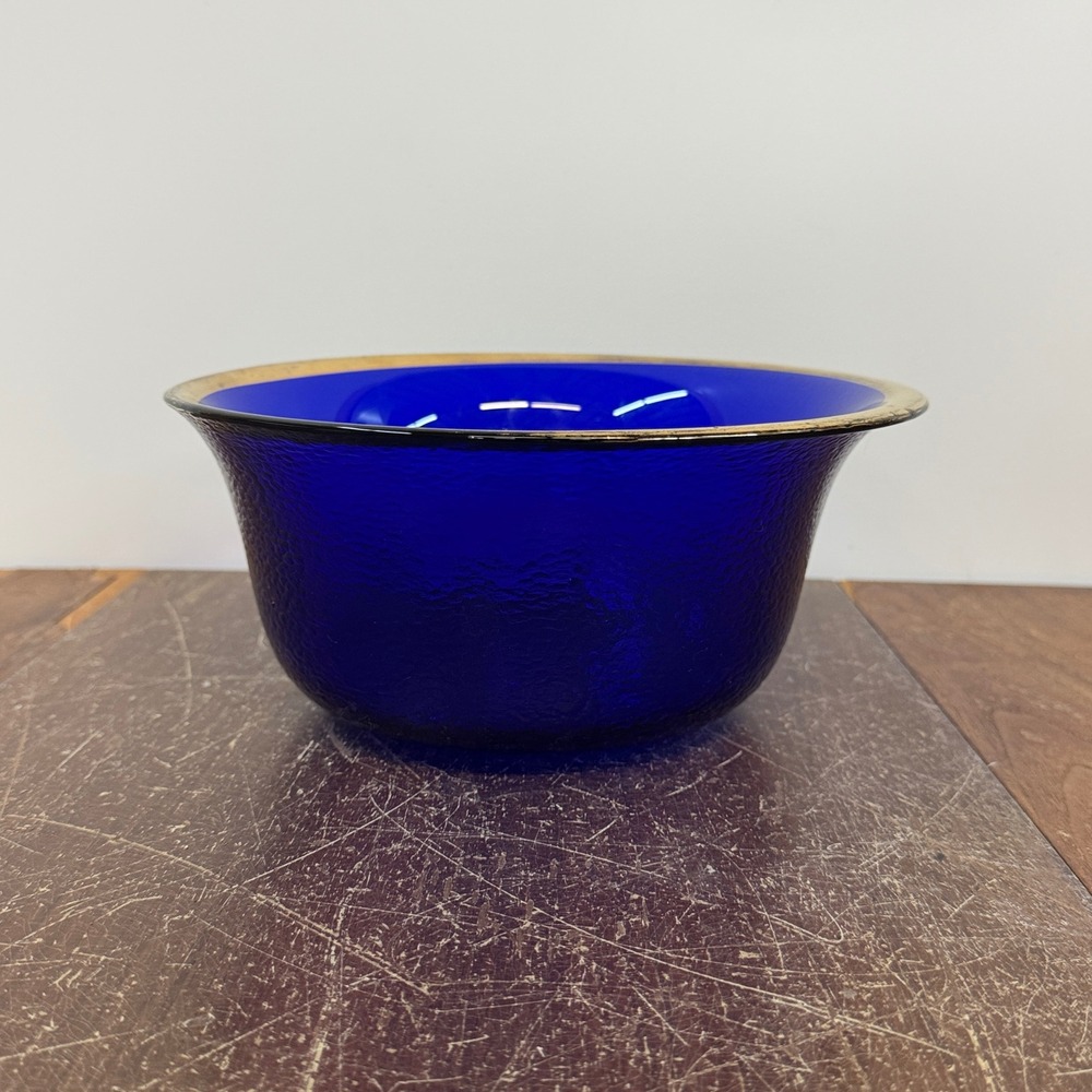 Vintage‎ Dalzell Viking Cobalt Blue Textured Pebble Glass Gold Rim Bowl